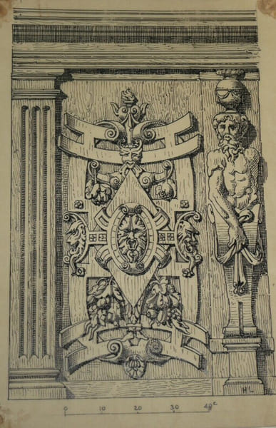 Dessin original sign&eacute; - Panneau de menuiserie : Porte de N.-D. de Ch&acirc;lons-sur-Marne (&eacute;poque Henri III). Louis Henri Laffill&eacute;e
