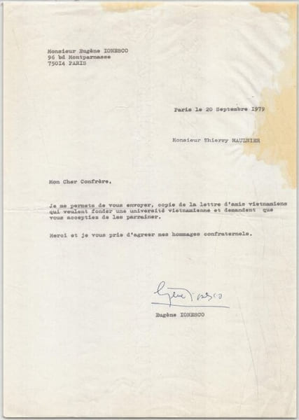 Eug&egrave;ne Ionesco, Parrainage universit&eacute; vietnamienne lettre dactylographi&eacute;e sign&eacute;e. Eug&egrave;ne Ionesco