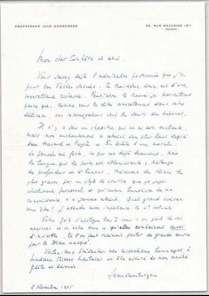 Jean Hamburger Lettre autographe sign&eacute;e &agrave; Maulnier 1985 Hommage &agrave; Vaches sacr&eacute;es. Jean Hamburger