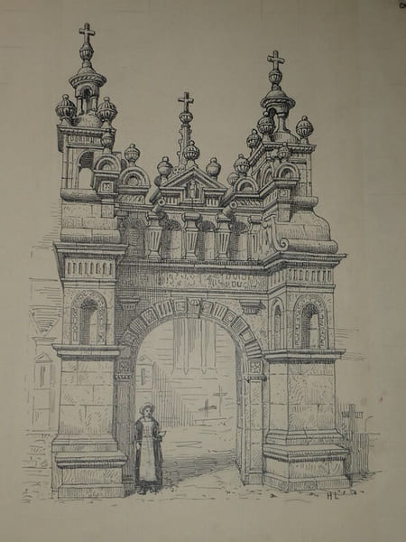 Entr&eacute;e du cimeti&egrave;re de Saint-Th&eacute;gonnec (Finist&egrave;re) — Dessin original sign&eacute;, encre vers 1930. Louis Henri Laffill&eacute;e