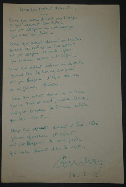 Louis AMADE PO&Egrave;ME AUTOGRAPHE SIGN&Eacute; PATRIOTIQUE "Ceux qui restent debout" 1952. Louis AMADE