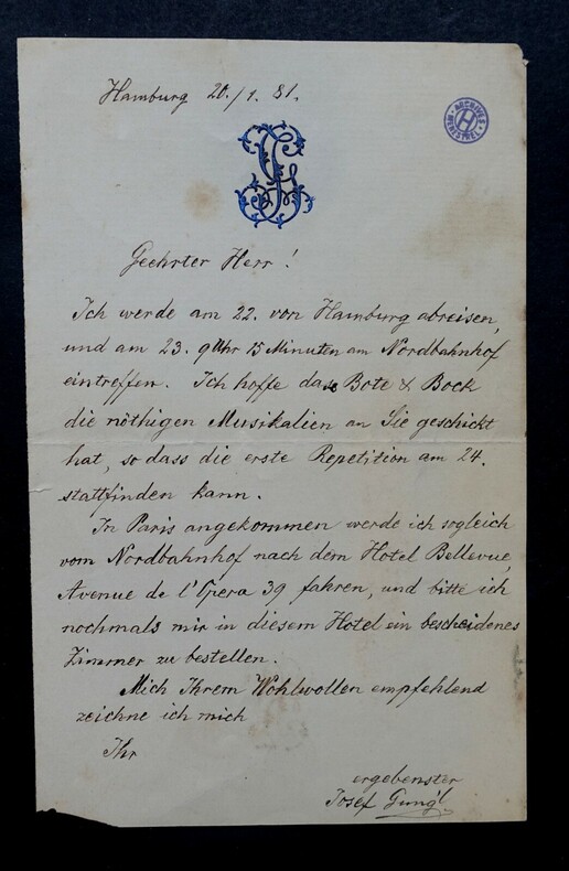 GUNGL Joseph - LETTRE AUTOGRAPHE SIGNEE, REDIGEE EN ALLEMAND, HAMBURG 1881. Joseph Gungl
