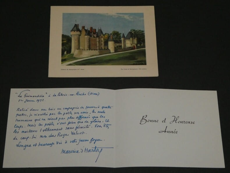 Maurice d'HARTOY carte et carte lettre autographe sign&eacute;e de bonne ann&eacute;e 1952. Maurice d'HARTOY