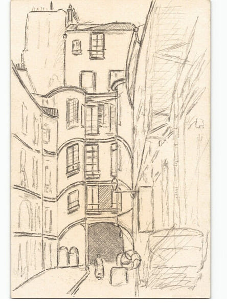 Dessin au crayon, Passage du Dragon, rue de Rennes, Paris par E. Phelipeau 1912. E. Phelipeau