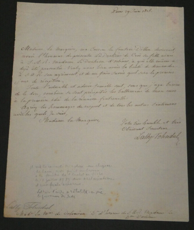 G&eacute;rard de Lally-Tollendal - L.A.S. adress&eacute;e &agrave; la marquise de Dolomieu - 1825. G&eacute;rard de Lally-Tollendal