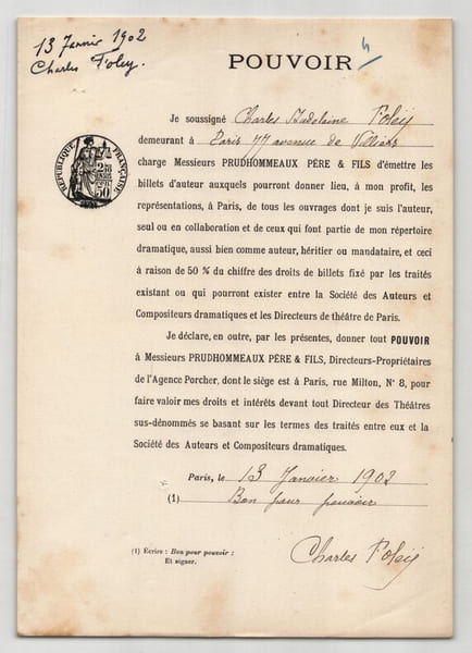Pouvoir sign&eacute; Charles Foley – Collection coh&eacute;rente de 50 auteurs & musiciens. Charles Foley