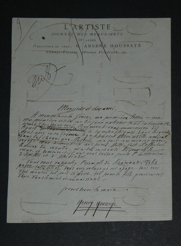Henry HOUSSAYE, Historien - Lettre autographe sign&eacute;e, au dos d'un brouillon de travail. Henry HOUSSAYE