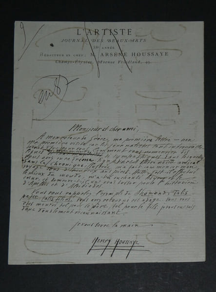 Henry HOUSSAYE, Historien - Lettre autographe sign&eacute;e, au dos d'un brouillon de travail. Henry HOUSSAYE