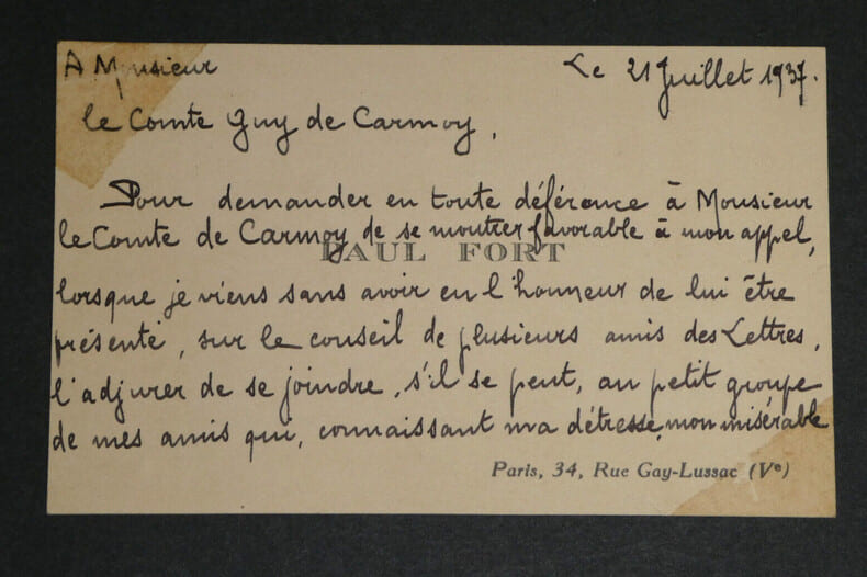 Paul FORT, Po&egrave;te - Carte de visite autographe sign&eacute;e &agrave; G. de Carmoy, 2 pages, 1937. Paul FORT