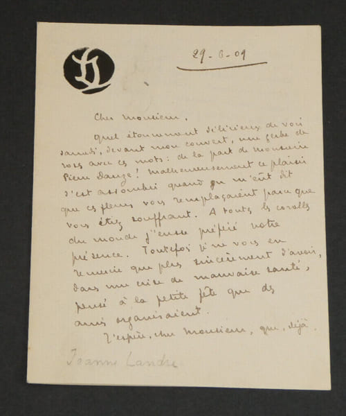 Jeanne LANDRE, Journaliste - LETTRE AUTOGRAPHE SIGN&Eacute;E &agrave; Pierre DAUZE, 1909. Jeanne LANDRE