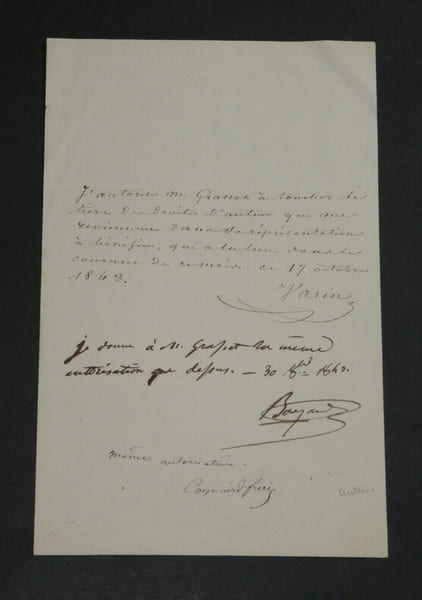 AUTORISATION AUTOGRAPHE SIGN&Eacute;E &Agrave; Paul GRASSOT. VARIN, Charles ; BAYARD, Jean-Fran&ccedil;ois ; COGNIARD Fr&egrave;res