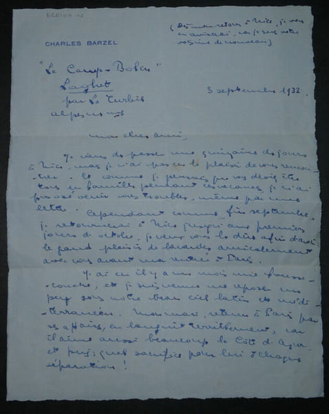 Charles BARZEL - LETTRE AUTOGRAPHE SIGN&Eacute;E, Le Camp Bolin, 1933. Charles Barzel