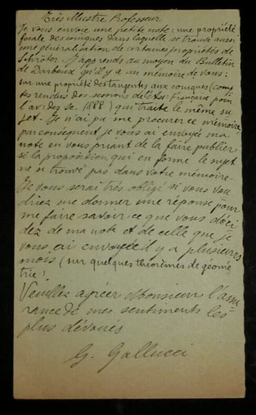 Generoso GALLUCCI - CARTE AUTOGRAPHE SIGN&Eacute;E A Charles-Ange LAISANT, Paris, 1896. Generoso GALLUCCI