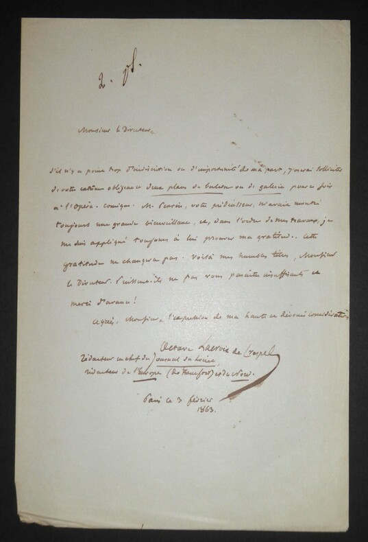 LETTRE AUTOGRAPHE SIGNEE, JOURNAL LOIRET, PARIS 1863. Octave Lacroix de Crespel