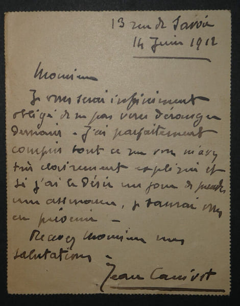 Jean CANIVET - LETTRE AUTOGRAPHE SIGN&Eacute;E, Paris 1912. Jean Canivet