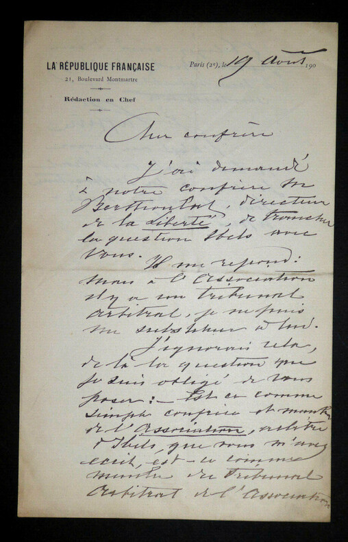 Jules LAFFITTE - Lettre autographe sign&eacute;e, Paris. Papier avec ent&ecirc;te "La R&eacute;publique Fran&ccedil;aise", R&eacute;dacteur en chef. 13,5 x 21,5 cm. 2 pages.. Jules ...