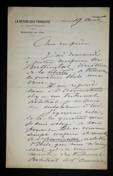 Jules LAFFITTE - Lettre autographe sign&eacute;e, Paris. Papier avec ent&ecirc;te "La R&eacute;publique Fran&ccedil;aise", R&eacute;dacteur en chef. 13,5 x 21,5 cm. 2 pages.. Jules ...