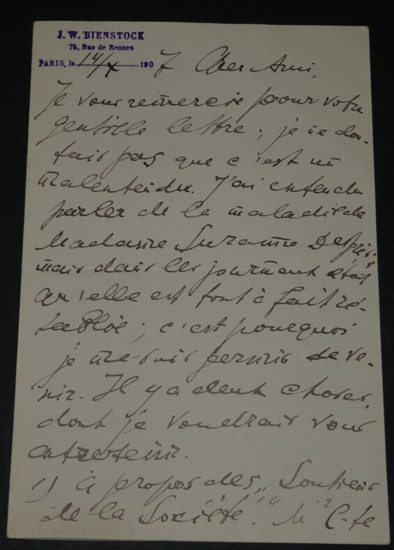 Jean Wladimir BIENSTOCK - LETTRE AUTOGRAPHE SIGN&Eacute;E sur la soci&eacute;t&eacute;, 1907, 4 pages. BIENSTOCK Jean Wladimir