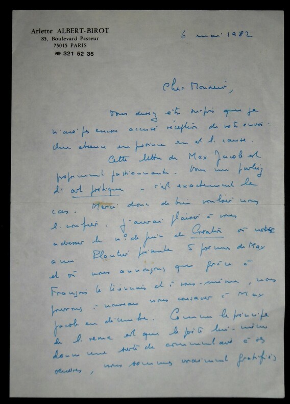 LETTRE AUTOGRAPHE SIGN&Eacute;E &Agrave; L'ABBE MOREL, PARIS, 1982. Arlette Albert-Birot