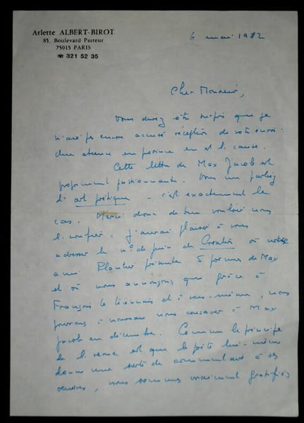 LETTRE AUTOGRAPHE SIGN&Eacute;E &Agrave; L'ABBE MOREL, PARIS, 1982. Arlette Albert-Birot