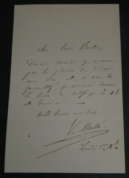 Victor MASS&Eacute;, Compositeur - LETTRE AUTOGRAPHE SIGN&Eacute;E A une dame Monogramme. Victor MASS&Eacute;