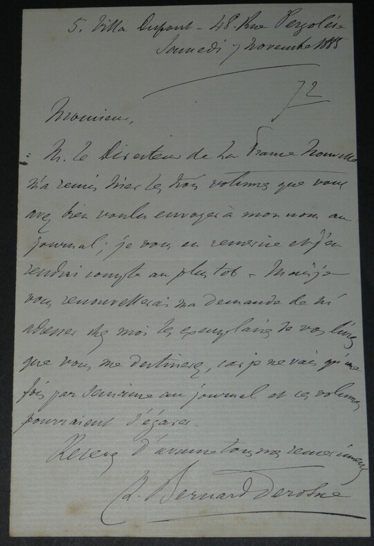 Bernard DESRONE - LETTRE AUTOGRAPHE SIGN&Eacute;E Critique litt&eacute;raire, 1885. Charles Bernard-Derosne