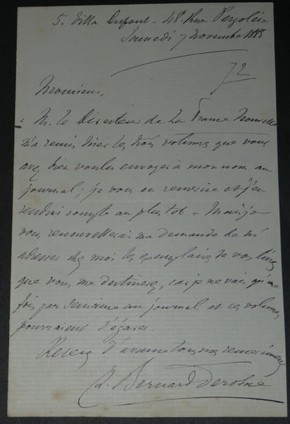 Bernard DESRONE - LETTRE AUTOGRAPHE SIGN&Eacute;E Critique litt&eacute;raire, 1885. Charles Bernard-Derosne
