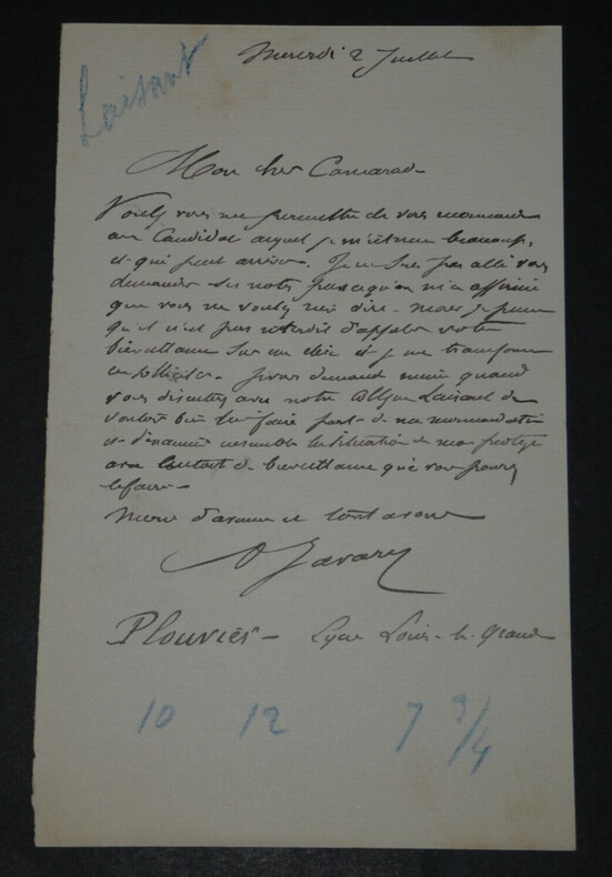 Paul-&Eacute;mile JAVARY, Ing&eacute;nieur - LETTRE AUTOGRAPHE SIGN&Eacute;E &agrave; Charles-Ange LAISANT. Paul-&Eacute;mile JAVARY