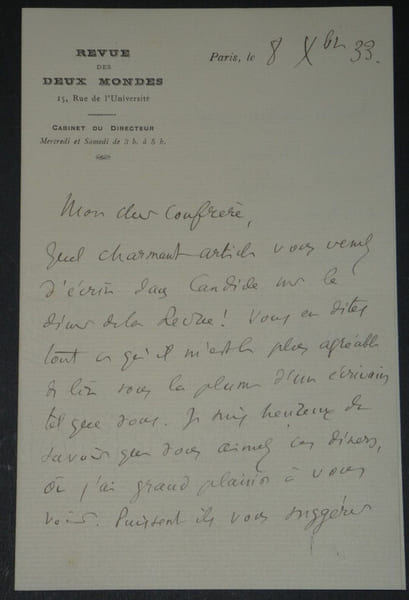 Ren&eacute; DOUMIC - LETTRE AUTOGRAPHE SIGN&Eacute;E Article CANDIDE diner de la revue, 1933. Ren&eacute; Doumic