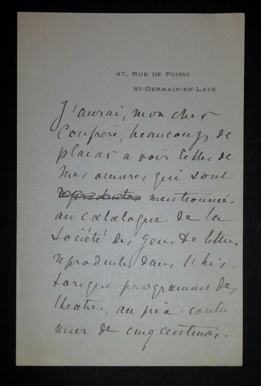 LETTRE AUTOGRAPHE SIGN&Eacute;E, SAINT GERMAIN EN LAYE 1899. LE ROUX Hugues