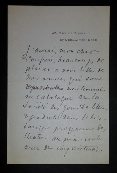 LETTRE AUTOGRAPHE SIGN&Eacute;E, SAINT GERMAIN EN LAYE 1899. LE ROUX Hugues