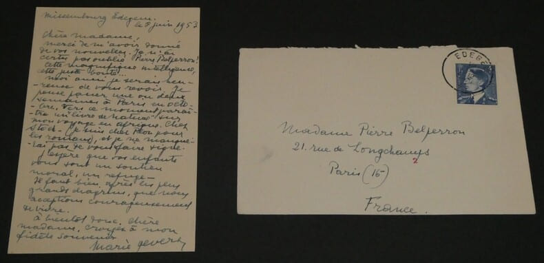 Marie GEVERS carte autographe sign&eacute;e avec son enveloppe "un soutien moral" 1953. Marie GEVERS