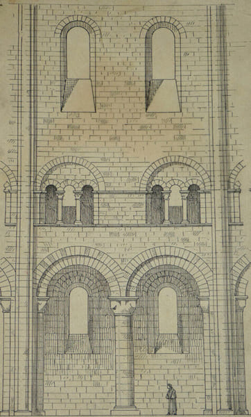 Trav&eacute;e de l'&eacute;glise de l'abbaye de Jumi&egrave;ges – &Eacute;l&eacute;vation et coupe (XIe si&egrave;cle) – Dessin original sign&eacute;. Louis Henri Laffill&eacute;e