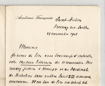 Auguste Nompar de Caumont, duc de La Force - Lettre autographe signée à Thierry Maulnier – Éloge d'Henri IV, Louis XIII et Richelieu – 1949