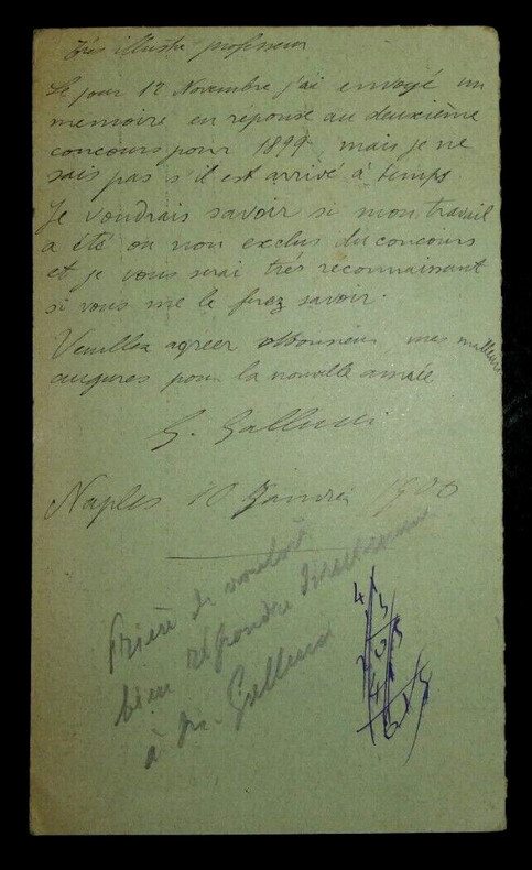 Generoso GALLUCCI - CARTE AUTOGRAPHE SIGN&Eacute;E A Charles-Ange LAISANT, Paris, 1900. Generoso GALLUCCI