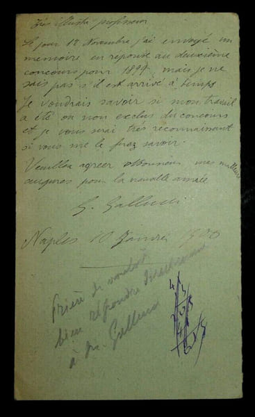 Generoso GALLUCCI - CARTE AUTOGRAPHE SIGN&Eacute;E A Charles-Ange LAISANT, Paris, 1900. Generoso GALLUCCI