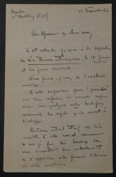 Paul FORT - LETTRE AUTOGRAPHE SIGN&Eacute;E DE 2 PAGES REVUE FRANCAISE, Argenlieu, 1922. Paul FORT
