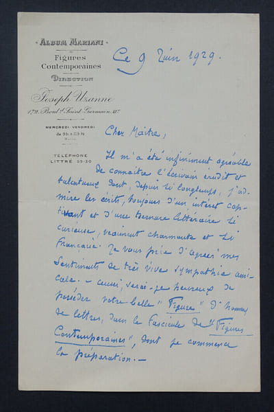 Joseph UZANNE, journaliste - Lettre autographe sign&eacute;e, 1929. Joseph Uzanne