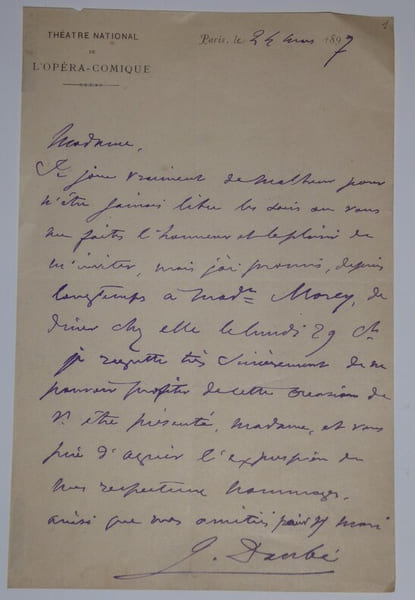 LETTRE AUTOGRAPHE SIGN&Eacute;E, TH&Eacute;&Acirc;TRE NATIONAL OP&Eacute;RA COMIQUE, 1897. Jules Danb&eacute;
