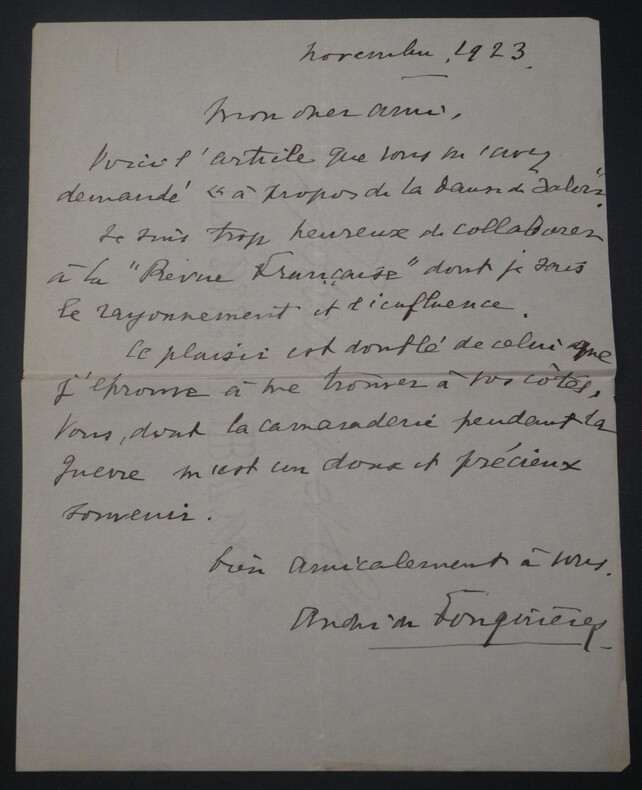 Andr&eacute; de FOUQUI&Egrave;RES, Homme de lettres - LETTRE AUTOGRAPHE SIGN&Eacute;E 1923. Andr&eacute; de FOUQUI&Egrave;RES