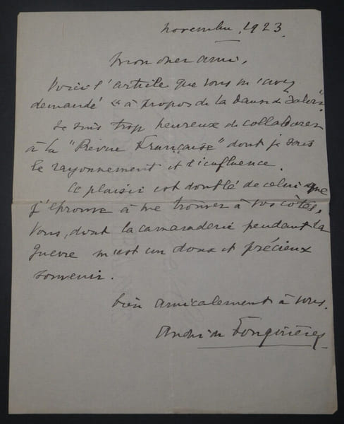 Andr&eacute; de FOUQUI&Egrave;RES, Homme de lettres - LETTRE AUTOGRAPHE SIGN&Eacute;E 1923. Andr&eacute; de FOUQUI&Egrave;RES
