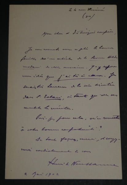Henri de NOUSSANNE, Journaliste - LETTRE AUTOGRAPHE SIGN&Eacute;E SUR UN ARTICLE, 1902. Henri de NOUSSANNE