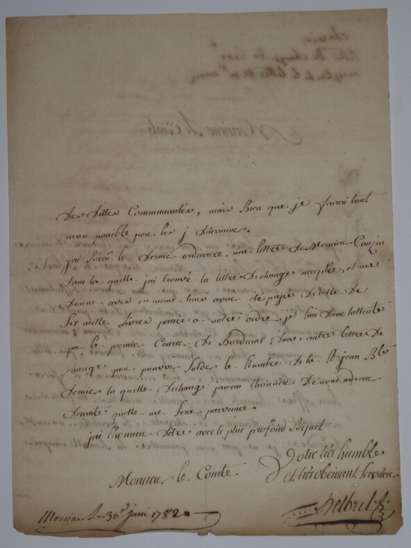 LETTRE DE CHANGE SIGN&Eacute;E, AVOCAT MOISSAC, 1782. DELBREL Pierre