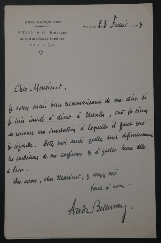 Andr&eacute; BELLESSORT, Po&egrave;te - LETTRE AUTOGRAPHE SIGN&Eacute;E PARIS 1923. Andr&eacute; BELLESSORT