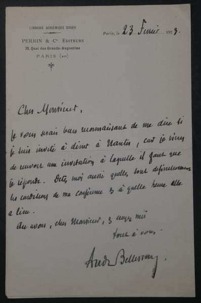 Andr&eacute; BELLESSORT, Po&egrave;te - LETTRE AUTOGRAPHE SIGN&Eacute;E PARIS 1923. Andr&eacute; BELLESSORT