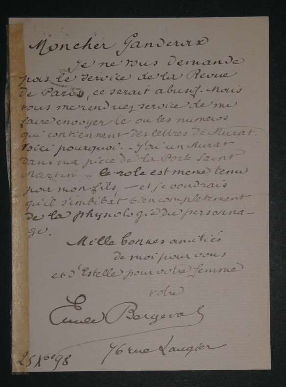 LETTRE AUTOGRAPHE SIGN&Eacute;E &Agrave; Louis GRANDERAX, JOACHIM MURAT, 1898. BERGERAT Emile