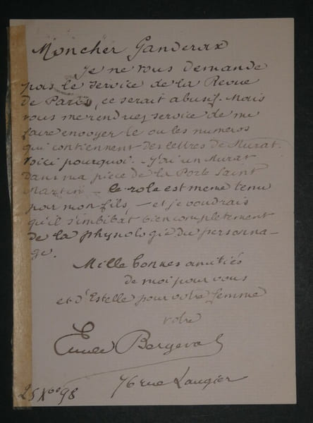 LETTRE AUTOGRAPHE SIGN&Eacute;E &Agrave; Louis GRANDERAX, JOACHIM MURAT, 1898. BERGERAT Emile