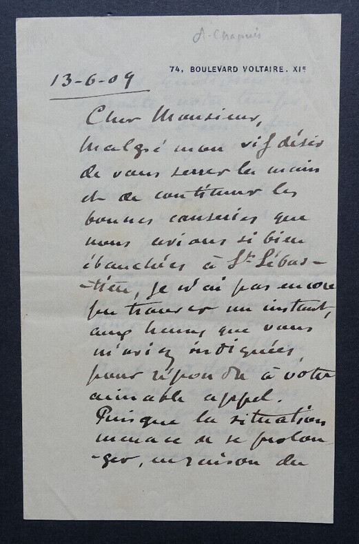 Auguste CHAPUIS, compositeur - LETTRE AUTOGRAPHE SIGN&Eacute;E DE 3 PAGES, 1909. Auguste CHAPUIS