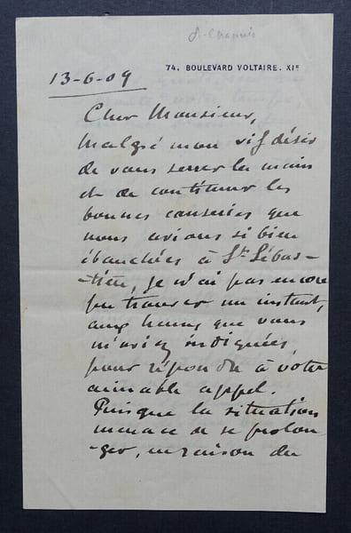 Auguste CHAPUIS, compositeur - LETTRE AUTOGRAPHE SIGN&Eacute;E DE 3 PAGES, 1909. Auguste CHAPUIS