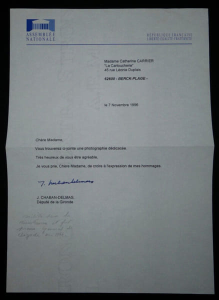 Jacques CHABAN-DELMAS - TAPUSCRIT SIGN&Eacute;E destin&eacute; &agrave; "La Cartoucherie", 1996. Jacques CHABAN-DELMAS